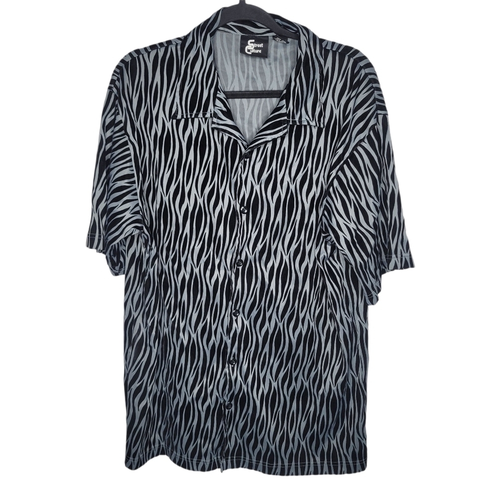 Vintage Y2K Street Culture Flames AOP Velvet Button Down Shirt Size XL Black